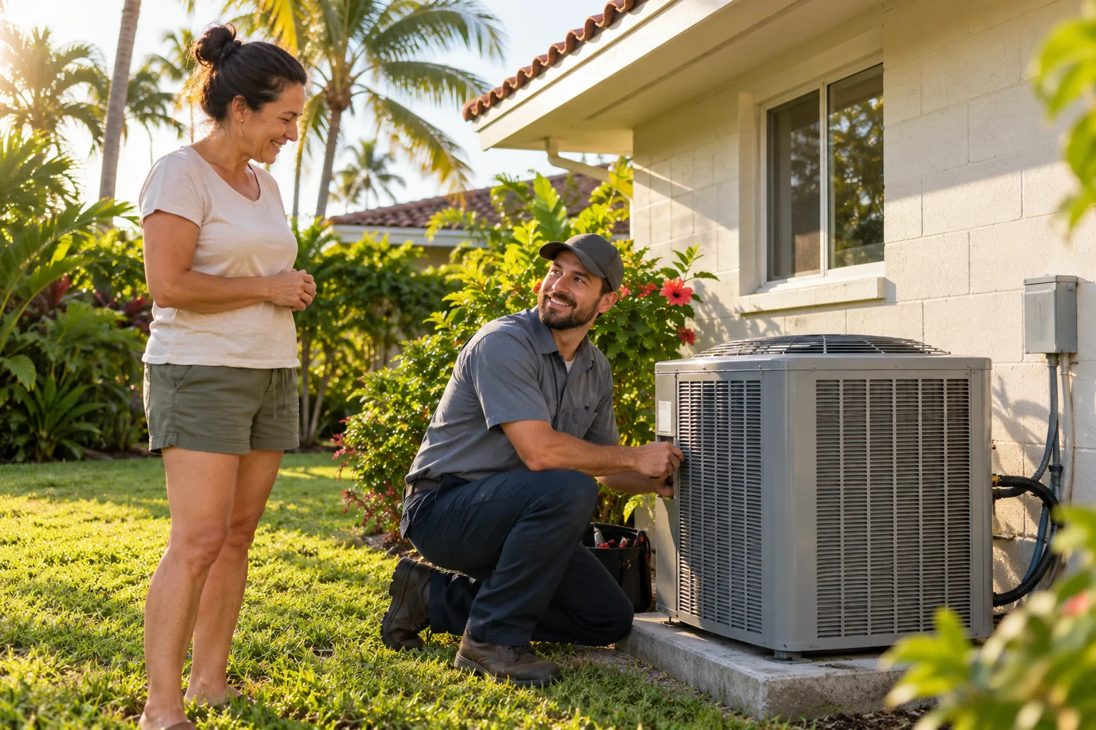 A friendly independent HVAC provider checking an outdoor air conditioner unit beside a Apopka home